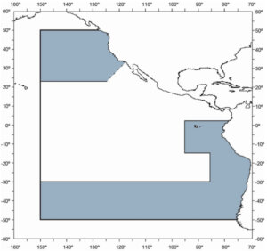Area Requiring Seabird Bycatch Mitigation Measures. When fishing in the shaded area, IATTC requires vessels to use two different seabird bycatch mitigation measures.